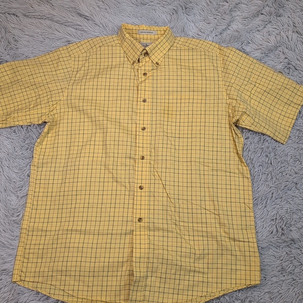 L.L. Bean Shirt Mens L Yellow Button Up Pocket Check‎ Casual Preppy Comfort